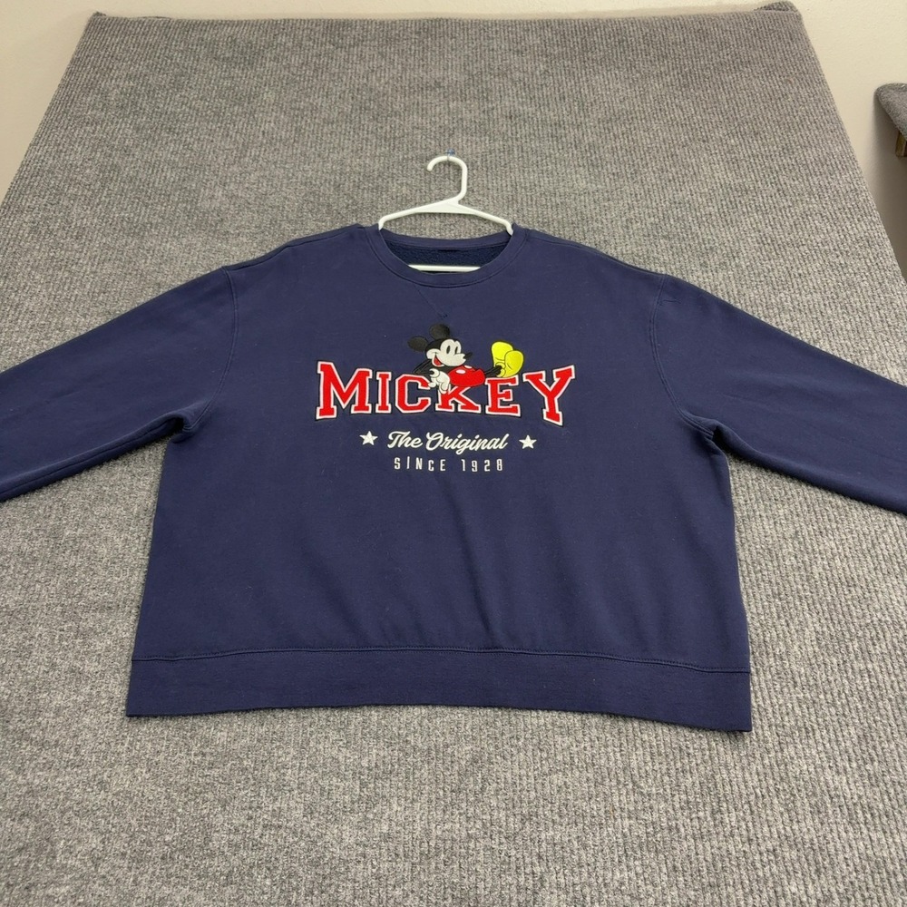 Disney Mickey Mouse Sweatshirt Mens Blue Cotton Blend Embroidered Retro Style